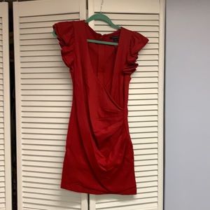 French Connection Crimson Wrap-Style Mini Dress with Ruffle Sleeves